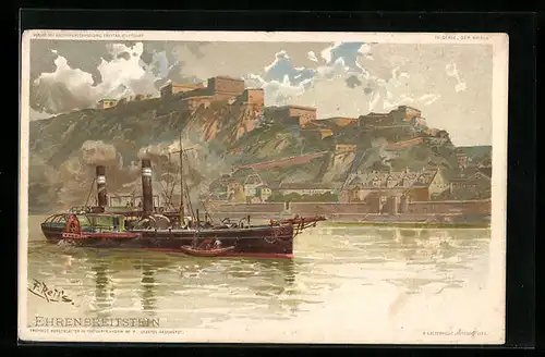 Lithographie Ehrenbreitstein, Blick vom Wasser auf Dampfer und Ortschaft