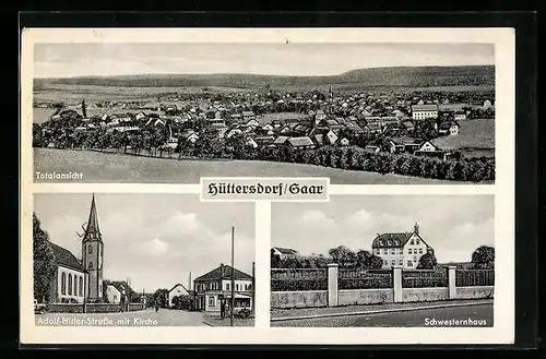 AK Hüttersdorf /Saar, Totalansicht, Strasse mit Kirche, Schwesternhaus