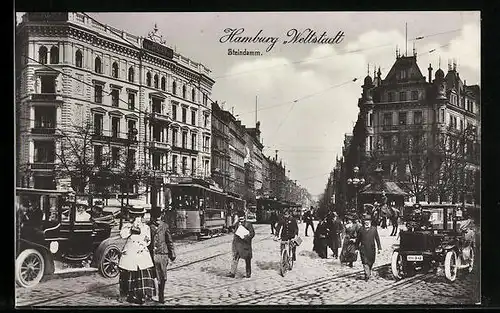 AK Hamburg-St.Georg, Strasse Steindamm mit Strassenbahn