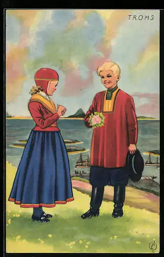AK Troms, Kavalier mit Blumenstrauss für ein Mädchen, norwegische Tracht
