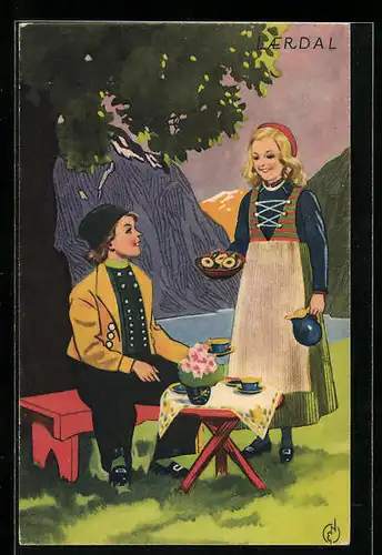 AK Laerdal, Junges Paar in norwegischer Tracht beim Picknick vor einem Fjord