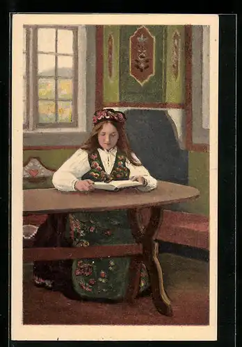 AK Junges Mädchen in norwegischer Tracht beim Lesen in der Stube