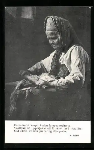 AK Old Skolt woman preparing skeepskin