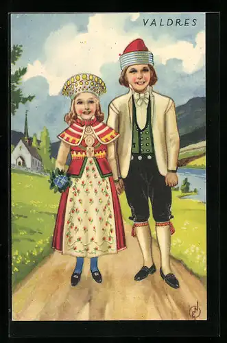 Künstler-AK Valdres, norwegisches Paar in Tracht