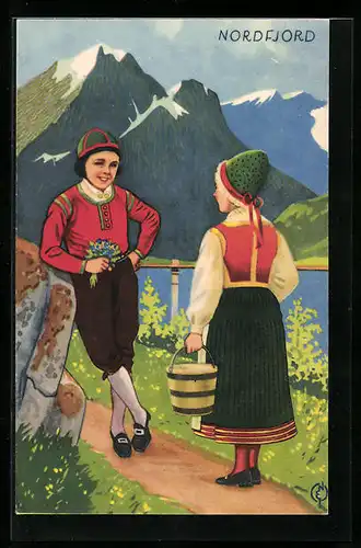 Künstler-AK Nordfjord, norwegisches Paar in Tracht