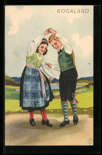 AK Rogaland, Junges Paar beim Tanz in der Landschaft, norwegische Tracht