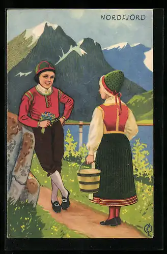 Künstler-AK Nordfjord, norwegisches Paar in Tracht