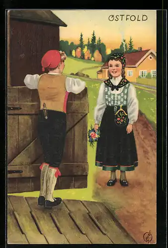 AK Ostfold, Junges Paar beim Treffen vor einem Haus, norwegische Tracht
