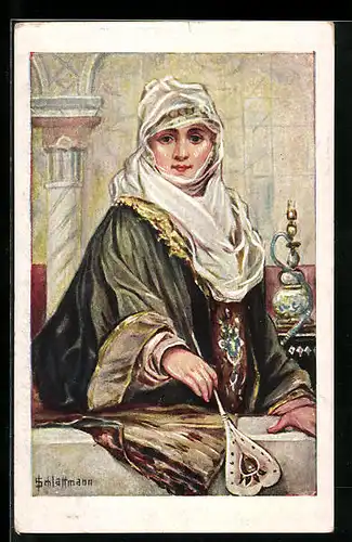 AK Vornehme Türkin mit Kopftuch u. Fächer