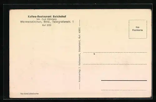 AK Wermelskirchen, Kaffee-Restaurant Reichshof C. Kühnlenz, Telegrafenstrasse 1, Innenansicht Gaststube