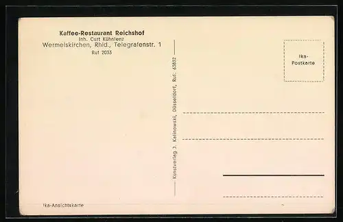 AK Wermelskirchen, Kaffee-Restaurant Reichshof C. Kühnlenz, Telegrafenstrasse 1, Innenansicht der Gaststube