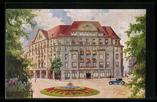 Künstler-AK Dresden, Palasthotel Weber mit Strasse und Blumenbeet