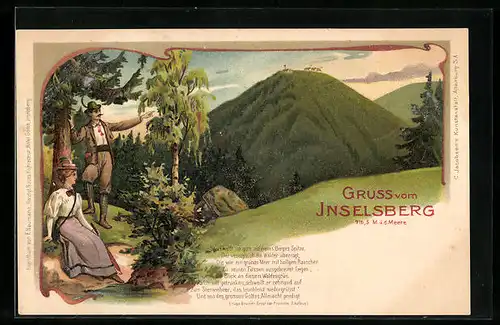 Lithographie Inselsberg, Gesamtansicht mit Wanderern