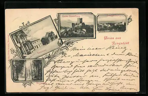 Passepartout-AK Rengsdorf, Badehaus, Marienlust, Ruine Neuerburg, Totalansicht