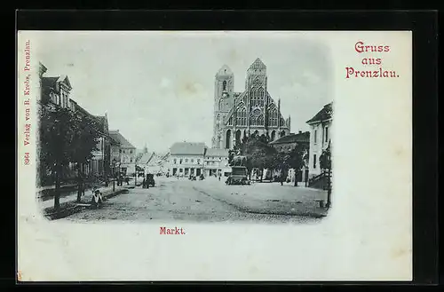 Mondschein-AK Prenzlau, Markt mit Brunnen und Kirche