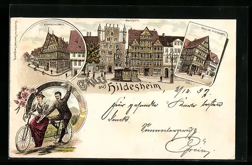 Lithographie Hildesheim, Haus am Andreasplatz, Marktplatz, Altdeutsches Haus, Tandem