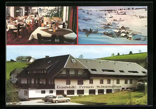 AK Hofsgrund / Schwarzwald, Gasthaus Pension Schwarzwaldhaus, Dorfansicht im Winter, Innenansicht Gastraum