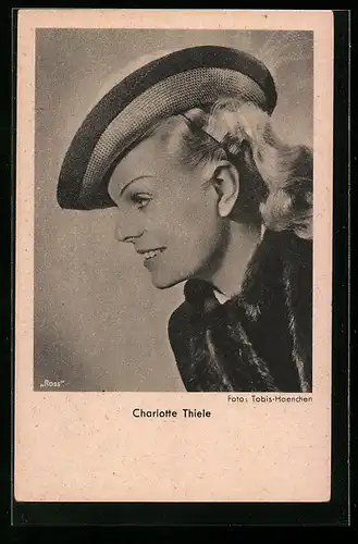 AK Schauspielerin Charlotte Thiele, Portrait im Profil mit Hut