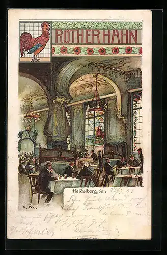 Lithographie Heidelberg, Innenansicht im Gasthaus Rother Hahn