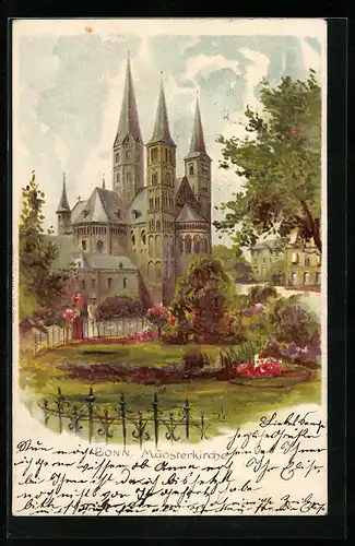 Künstler-AK Bonn, Parkpartie an der Münsterkirche