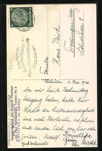 AK Karlsruhe i. B., Grossgaststätte Zum Moninger mit Strassenpartie