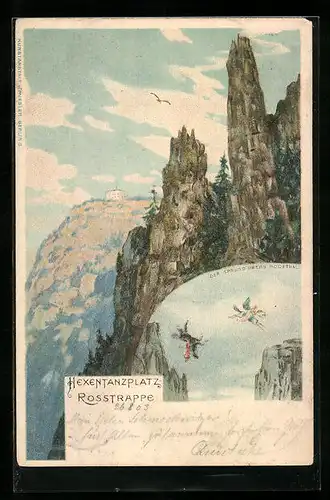 Lithographie Thale, Hexentanzplatz, Der Sprung übers Bodethal