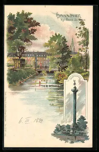Lithographie Hannover, Kgl. Resid. Schloss, Waterloosäule