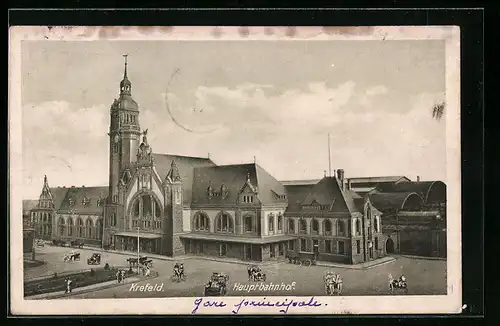 AK Krefeld, Kutschen vor dem Hauptbahnhof