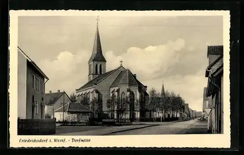 AK Friedrichsdorf i. Westf., Dorfmitte mit Kirche