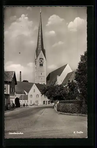 AK Schwabmünchen, Blick auf Kirche mit Uhrturm