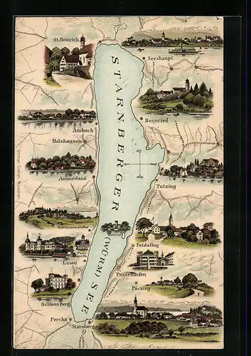 AK Ambach, St. Heinrich, Seeshaupt, Karte des Starnberger Sees