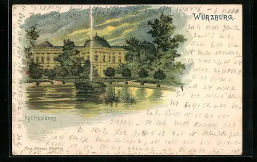 Mondschein-Lithographie Würzburg, Kgl. Residenz mit Teich