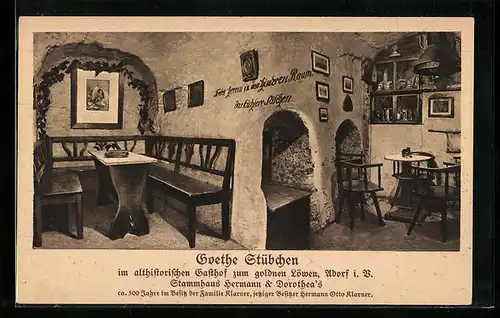 AK Adorf i. V., Goethe Stübchen im althistorischen Gasthof Zum goldnen Löwen