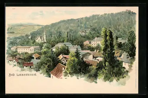 Lithographie Bad Liebenstein, Blick über die Dächer der Gemeinde auf die Kirche