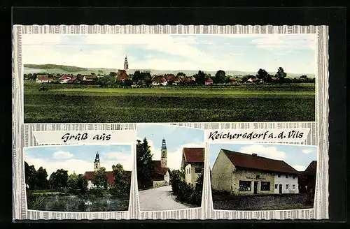 AK Reichersdorf a. d. Vils, Gesamtansicht mit Blick zur Kirche, Gemischtwarenladen, Bäckerei
