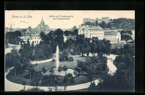 AK Pirna a. d. Elbe, Blick auf Friedensplatz und Sonnenstein
