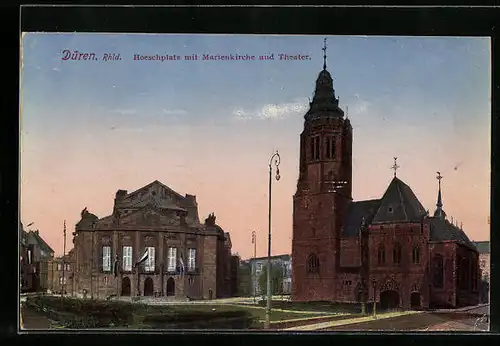 AK Düren /Rhld., Hoeschplatz mit Marienkirche und Theater