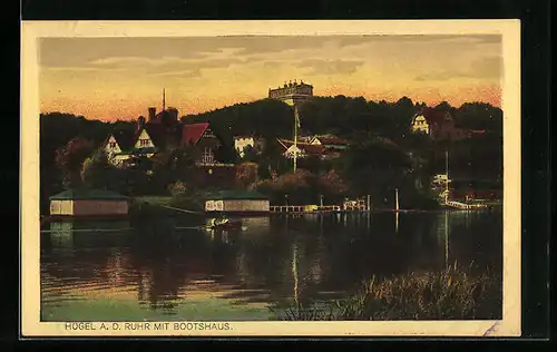 AK Hügel a. d. Ruhr, Blick auf den Ort mit Bootshaus