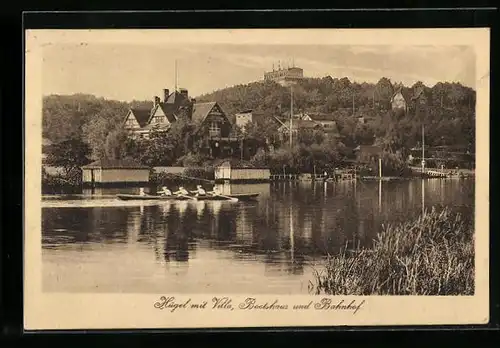 AK Hügel a. d. Ruhr, Villa, Bootshaus und Bahnhof