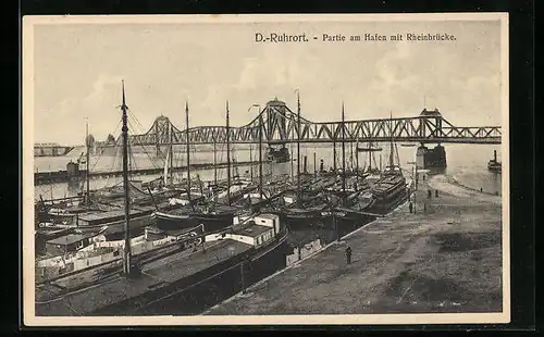 AK Duisburg-Ruhrort, Partie am Hafen mit Rheinbrücke, Lastkähne