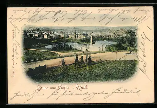 AK Hagen /Westf., Ortsansicht mit Park und Fontäne