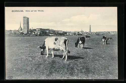 AK Borkum, Ortsansicht mit Rindern auf der Weide