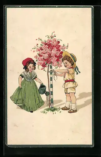 Künstler-AK Kinder giessen und binden einen Rosenstrauch