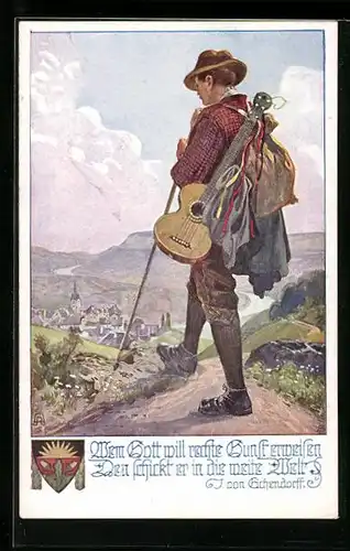 AK Deutscher Schulverein Nr. 878: Wem Gott will rechte Gunst erweisen.., Mann mit Gitarre schaut ins Tal