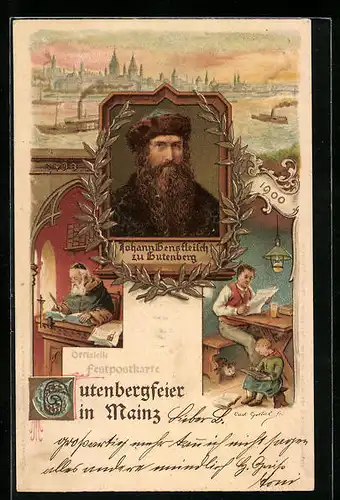 Lithographie Mainz, Gutenbergfeier 1900, Porträt Johann Gensfleisch zu Gutenberg, Mönch, Dampfer passiert die Stadt