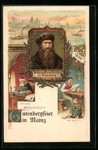 Lithographie Mainz, Gutenbergfeier 1900, Porträt Johann Gensfleisch zu Gutenberg, Mönch, Dampfer passiert die Stadt