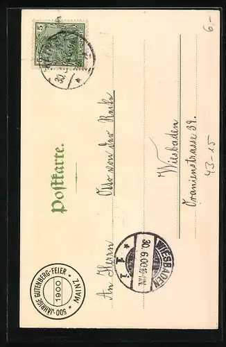 Lithographie Mainz, Gutenbergfeier 1900, Porträt Johann Gensfleisch zu Gutenberg, Mönch, Dampfer passiert die Stadt