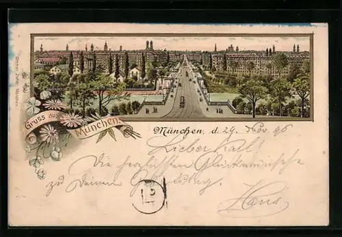 Lithographie München, Strassenblick über die Maximiliansbrücke