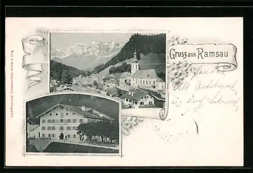 AK Ramsau, Ortsansicht mit Bergen