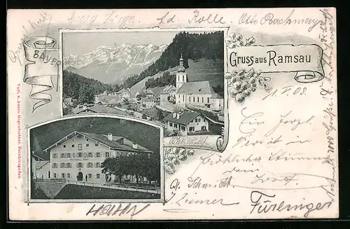 AK Ramsau, Gasthaus, Ortsansicht mit Bergen